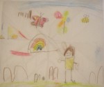 Garden with rabbits, flower and a rainbow. Yes the page has been folded. Apparently it needed a little something. There has been no indication who the person might be, so let's assume it's me, shall we? LBG, aged 4