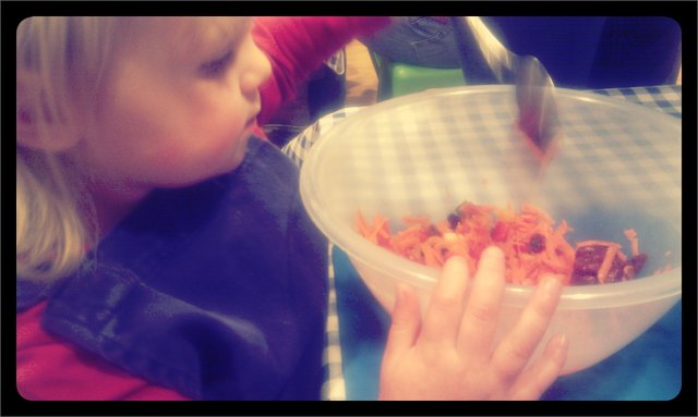 stirring the fruity bean bake