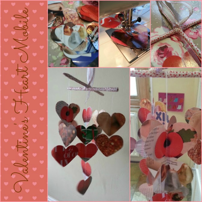 Valentine 3-D heart mobile from recycled magazine