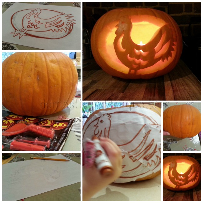 chicken or egg themed carved pumpkin